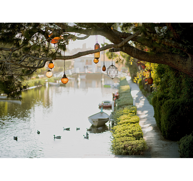 Landscape mural wallpaper secluded waterway lanterns - TenStickers