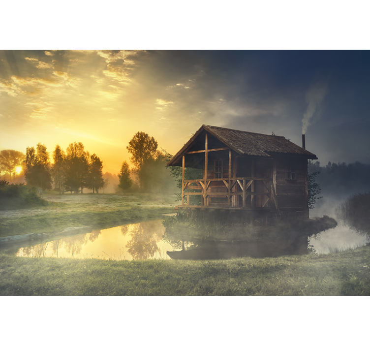 Landscape mural wallpaper serene cabin sunset - TenStickers