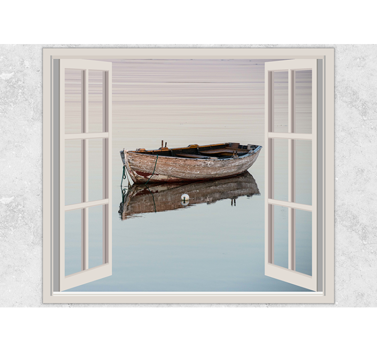Lake wall mural rustic boat reflection art - TenStickers
