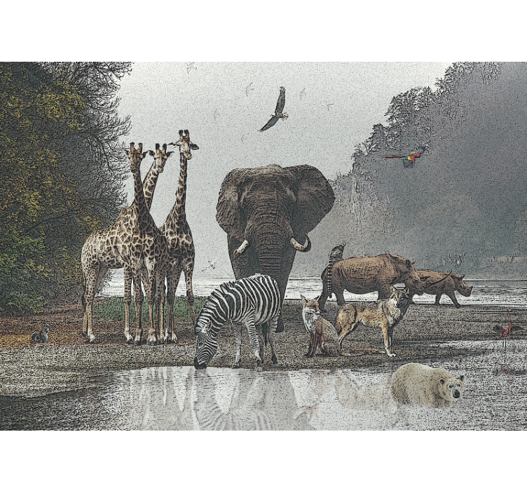 Jungle wall mural wildlife gathering scene - TenStickers