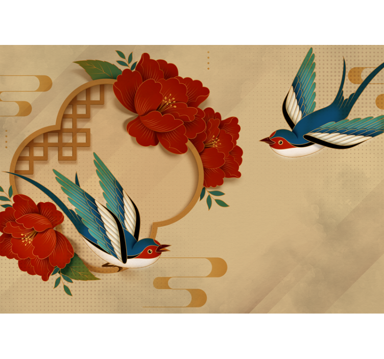 Flower mural swallow and blossoms - TenStickers