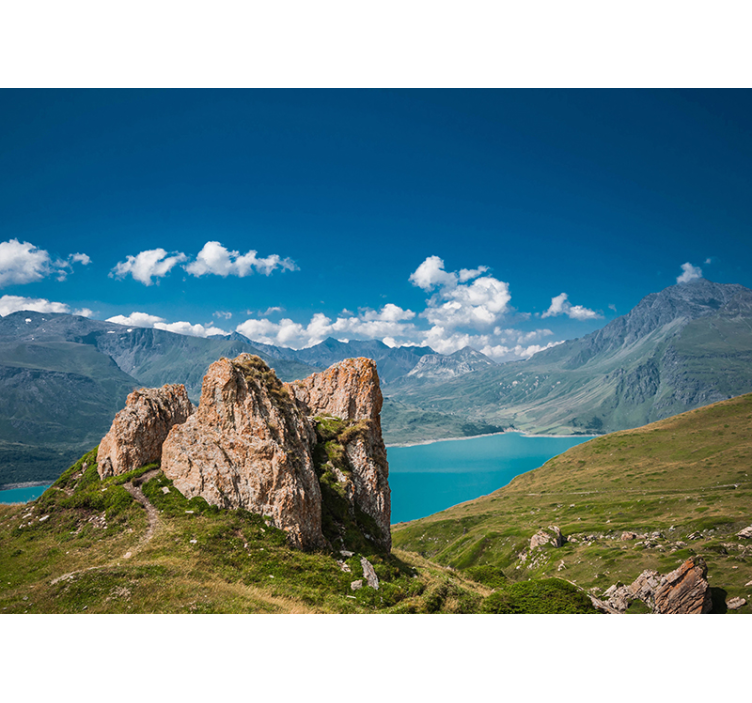 Mountainous Lakeside Vista landscape mural wallpaper - TenStickers