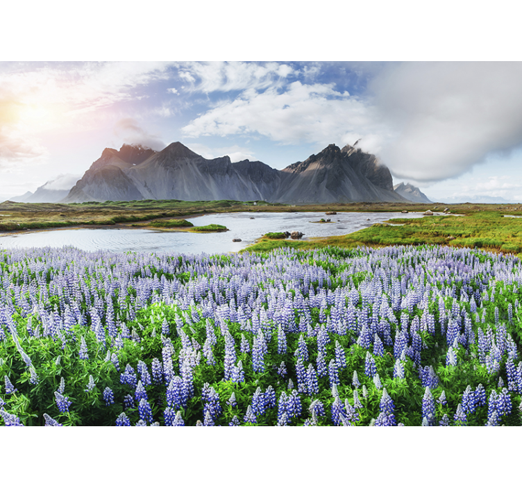 Mountain wall mural lush blue lupines design - TenStickers