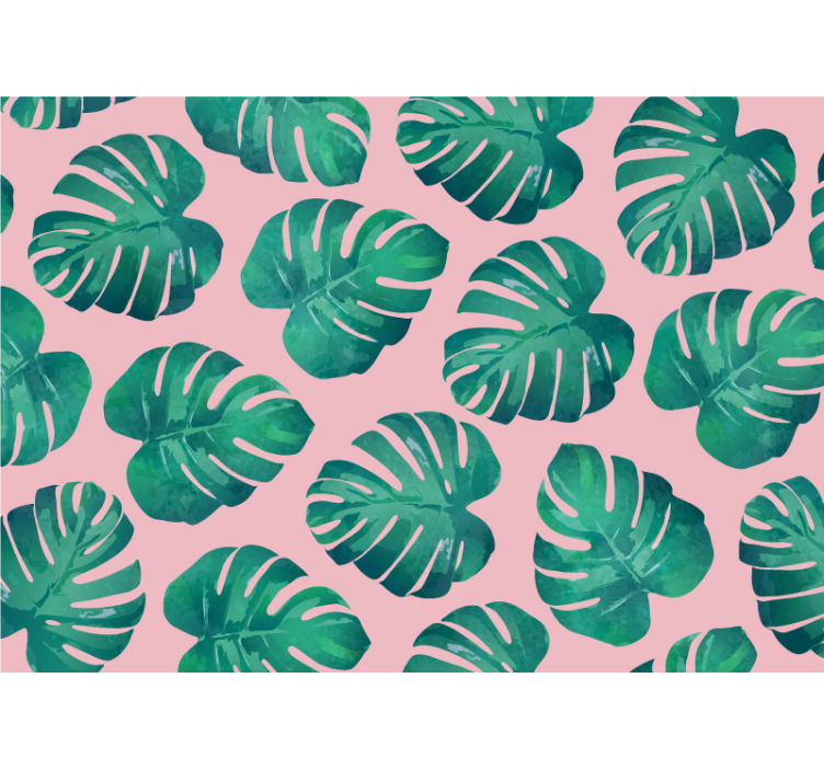 Pink background monstera leaves wall mural - TenStickers