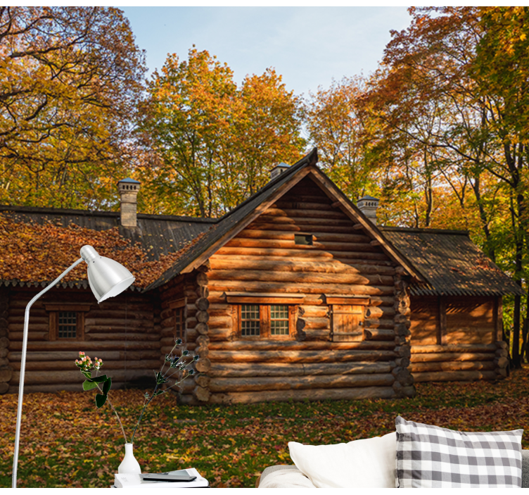Autumn Log Cabin landscape mural wallpaper - TenStickers