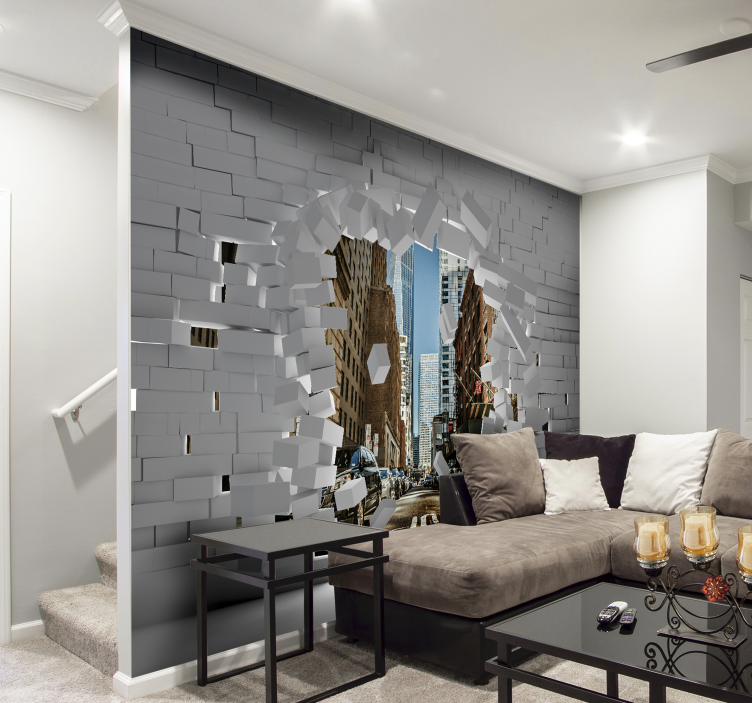Broken brick wall with New York skyline 3d wallpaper - TenStickers