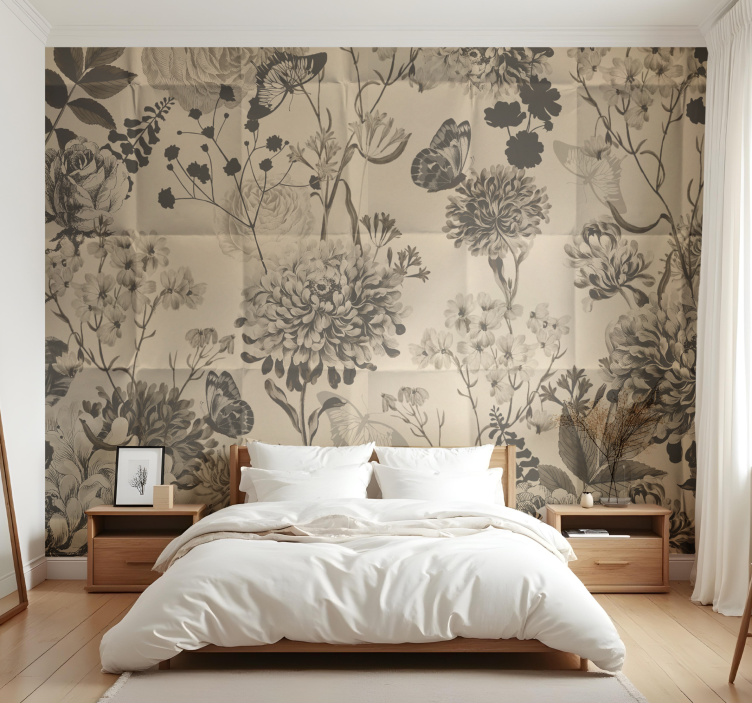 Beige floral design master bedroom mural - TenStickers