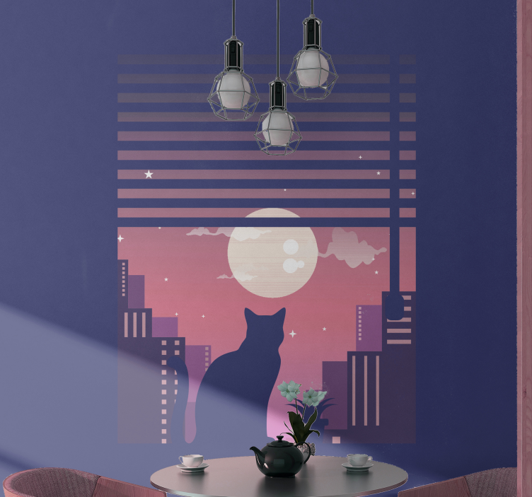 Cat night city logo living room wall mural - TenStickers