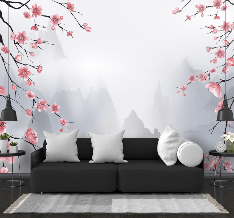 cherry blossom branches japanese view Mountain wall mural - TenStickers