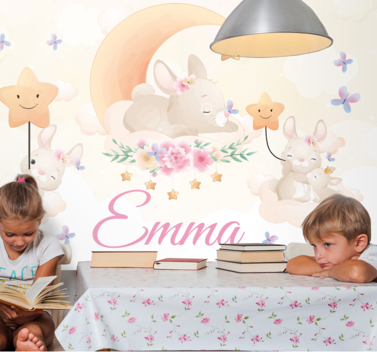 Children wall mural bunny moon and stars - TenStickers