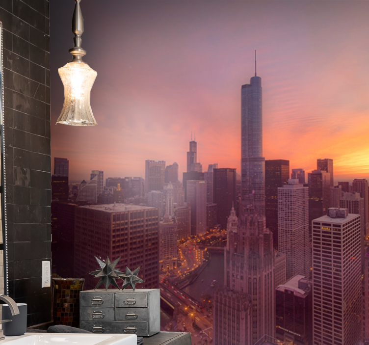 City wall mural chicago skyline at sunset - TenStickers