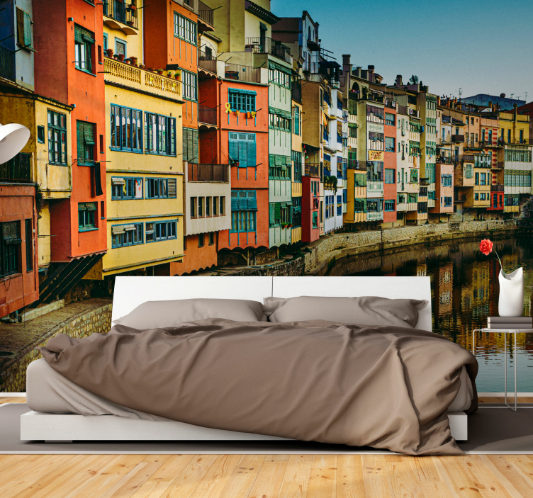 City wall mural colorful riverfront homes - TenStickers