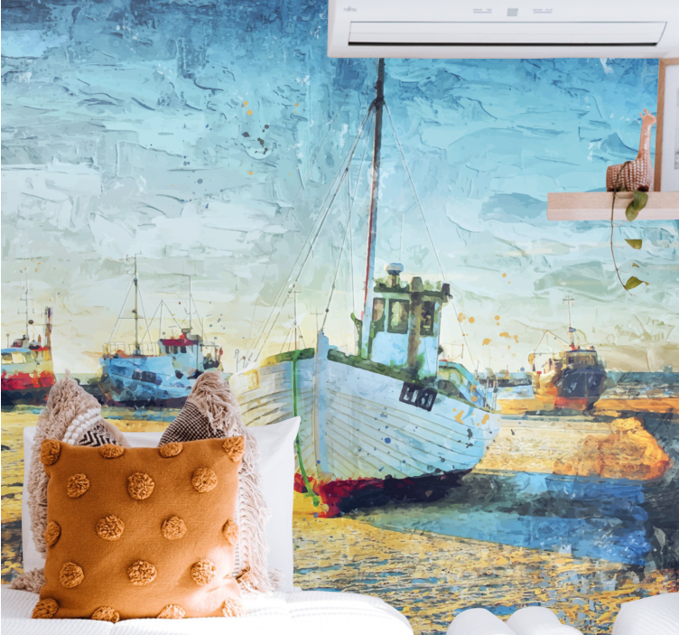 City wall mural fishing boats at the shoreline - TenStickers