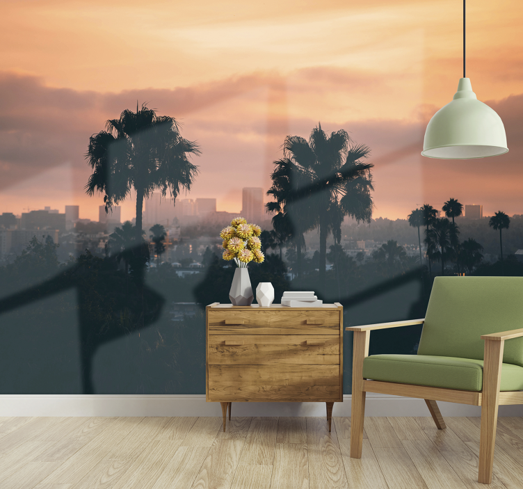 City wall mural palm trees at dusk - TenStickers