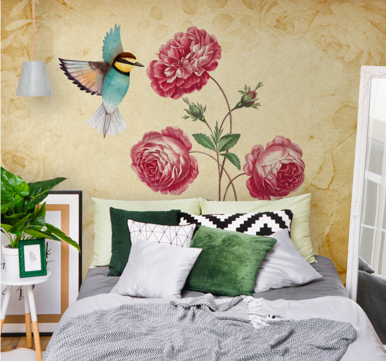 Flower mural hummingbird and roses design - TenStickers