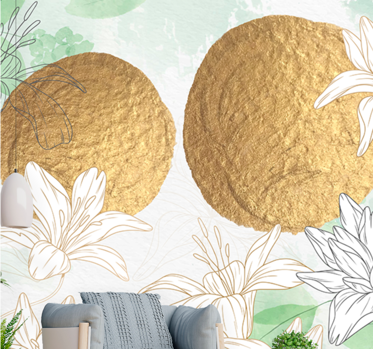Flower mural with golden floral accents - TenStickers