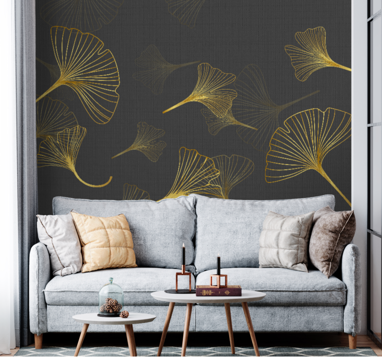 Golden Ginko leaves gold vintage wall mural - TenStickers