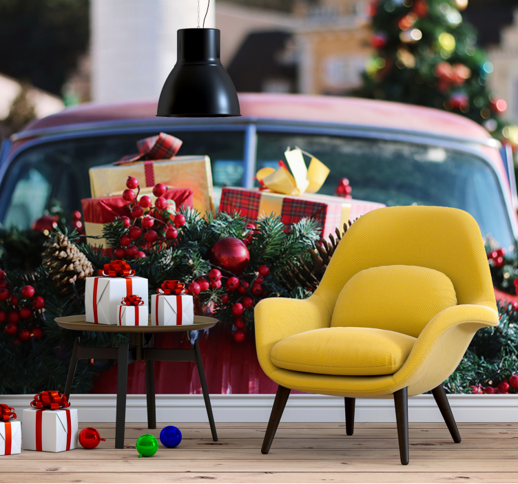 Green and red wreath on red car wall mural - TenStickers