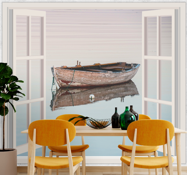 Lake wall mural rustic boat reflection art - TenStickers