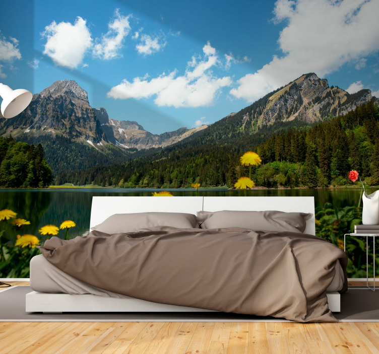 Landscape mural wallpaper mountain lakeside view - TenStickers