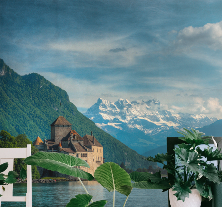 Landscape mural wallpaper mountainous castle view - TenStickers
