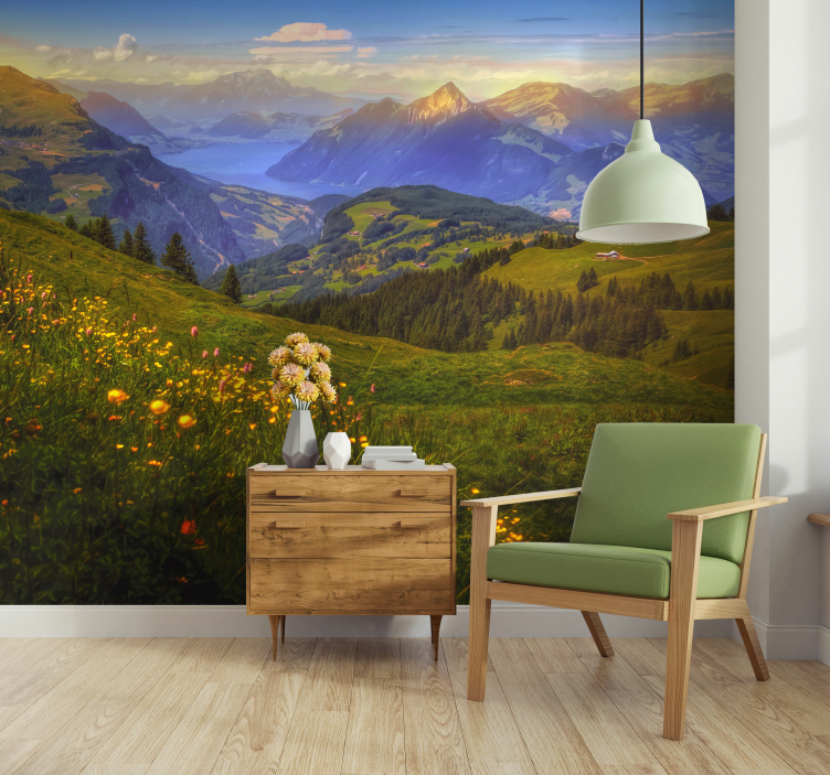 Landscape mural wallpaper mountainous meadow view - TenStickers