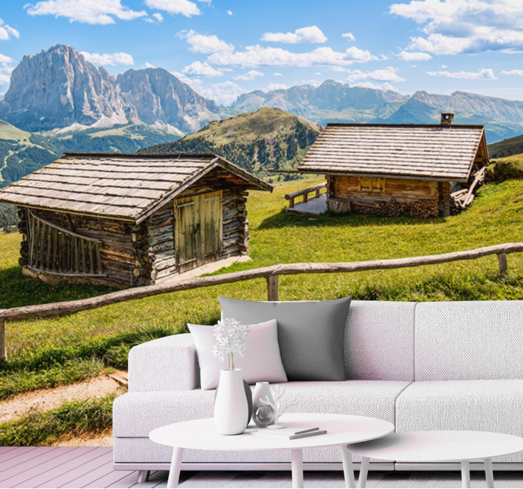Landscape mural wallpaper scenic mountain cabins - TenStickers