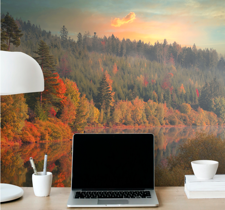 Landscape mural wallpaper serene autumn reflection - TenStickers