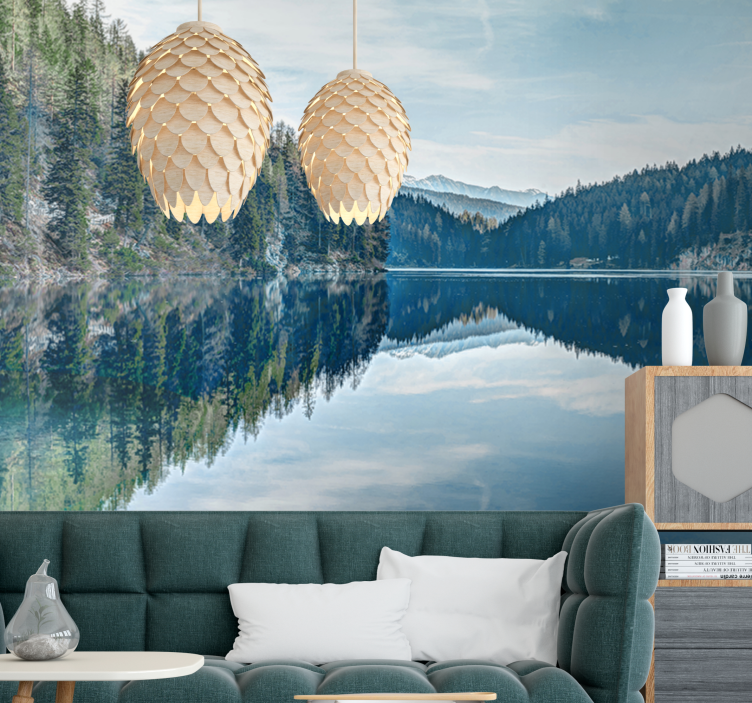 Landscape mural wallpaper serene mountain reflection - TenStickers