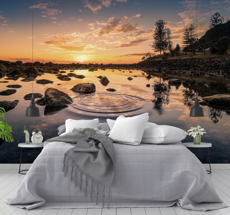 Landscape mural wallpaper serene sunset reflections - TenStickers
