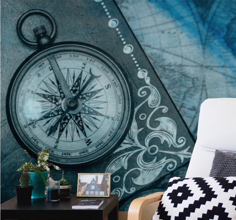 Old compass on blue world map mural - TenStickers