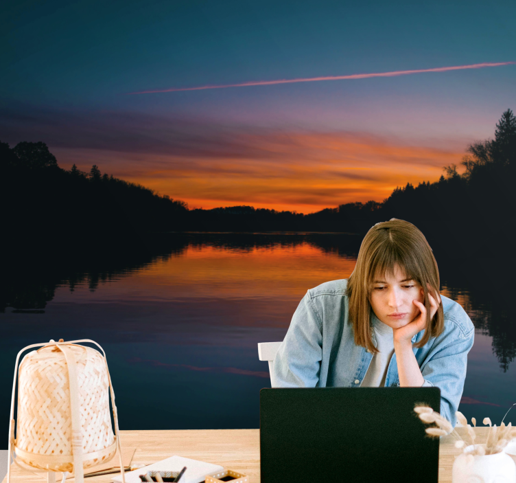 Serene lake sunset landscape mural wallpaper - TenStickers