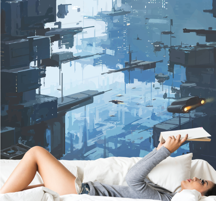 Space mural of a futuristic cityscape - TenStickers