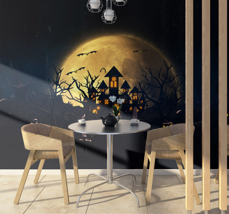 Spooky Moonlit Mansion halloween mural - TenStickers