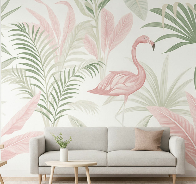 Tropical flamingo oasis mural for living room - TenStickers
