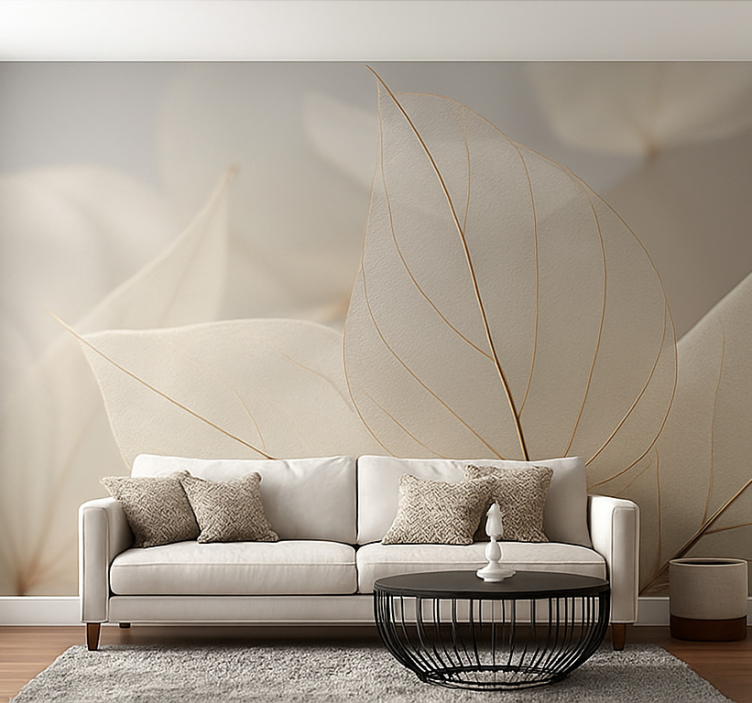 White skeletal leaves mural for living room - TenStickers