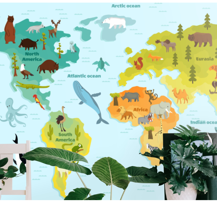 World map wall mural animal global adventure - TenStickers