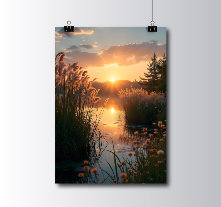Sunset over the lake photo realistic poster - TenStickers