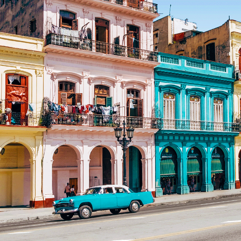 Living room poster of blue and pink street scene - TenStickers