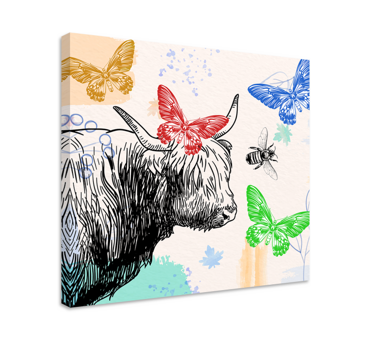 Animal canvas wall art highland cow and butterflies - TenStickers