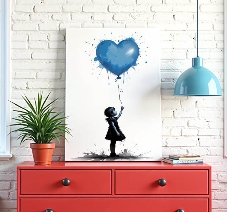 Girl with blue heart baloon canvas art - TenStickers