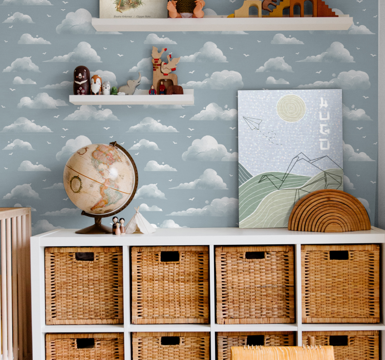 Blue clouds and birds childrens wall art canvas - TenStickers