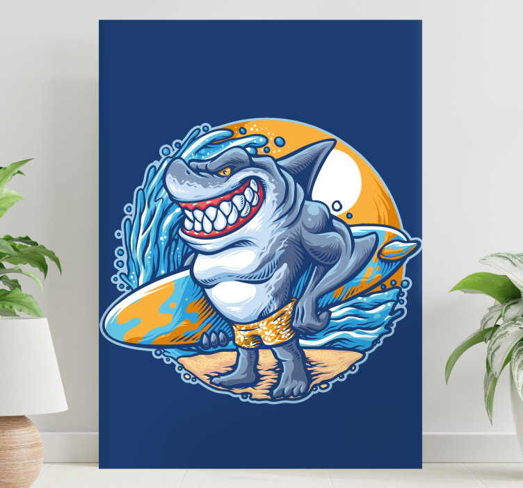 Surfboard shark cartoon  modern canvas - TenStickers