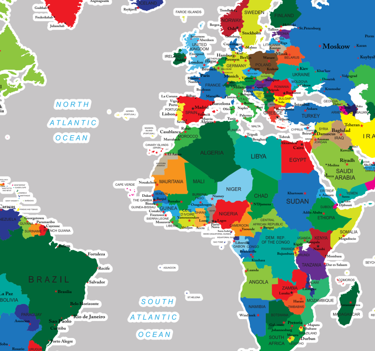 Colour World Map Wall Sticker - TenStickers