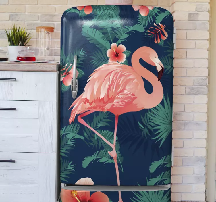 Big-flamingo with tropical leaves fridge sticker - TenStickers