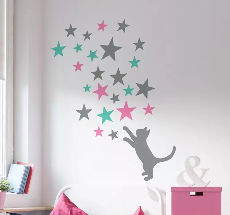 Set of stars with playful cat wall sticker - TenStickers