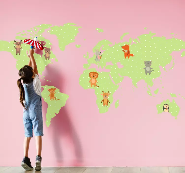 Green design with animals world map wall sticker - TenStickers