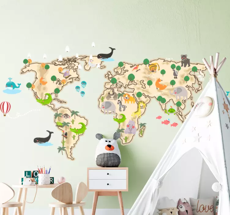 Beige and fauna design world map wall sticker - TenStickers