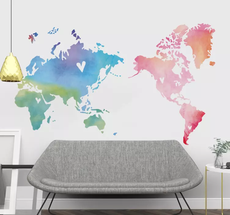 Colourful watercolour world map wall sticker - TenStickers