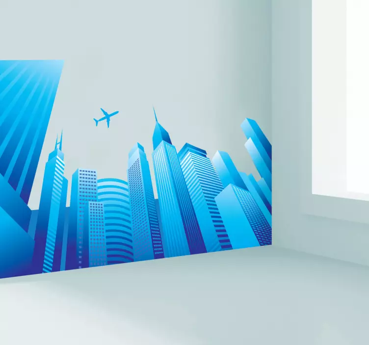 Cool Blue City and Plane Wall Sticker - TenStickers